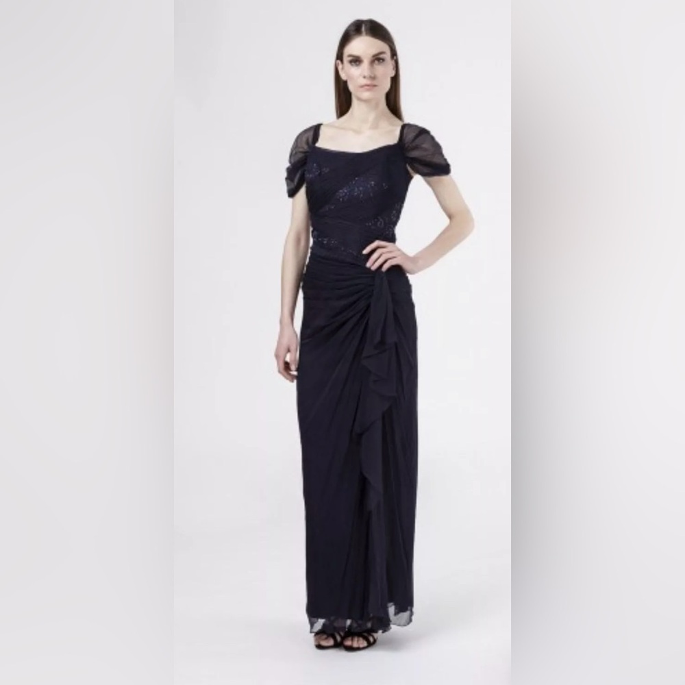 Tadashi Shoji -Silk beaded square neckline floor length evening dress